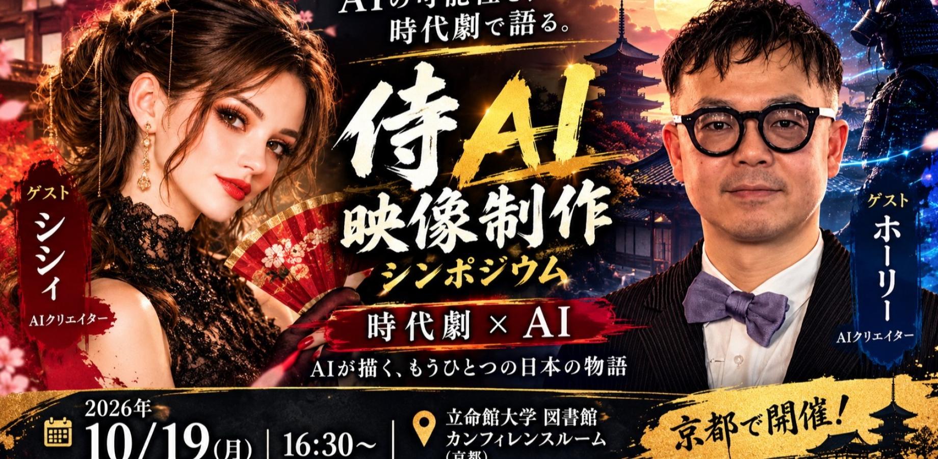 侍AI映像制作シンポジウムのキービジュアル。ゲスト：シシィ氏、ホーリー氏。2026年10月19日開催。